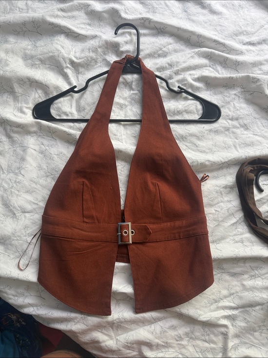 Windsor Tops - Windsor Rust Brown Halter Crop Top with Front Buckle